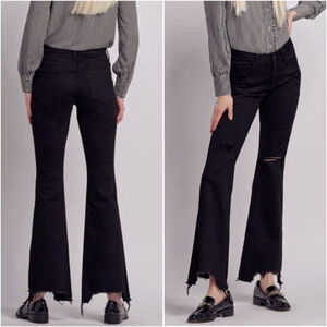 Flying Monkey Flare Distressed Ripped Knee Raw Hem Jeans Black Chewed Bootcut 27